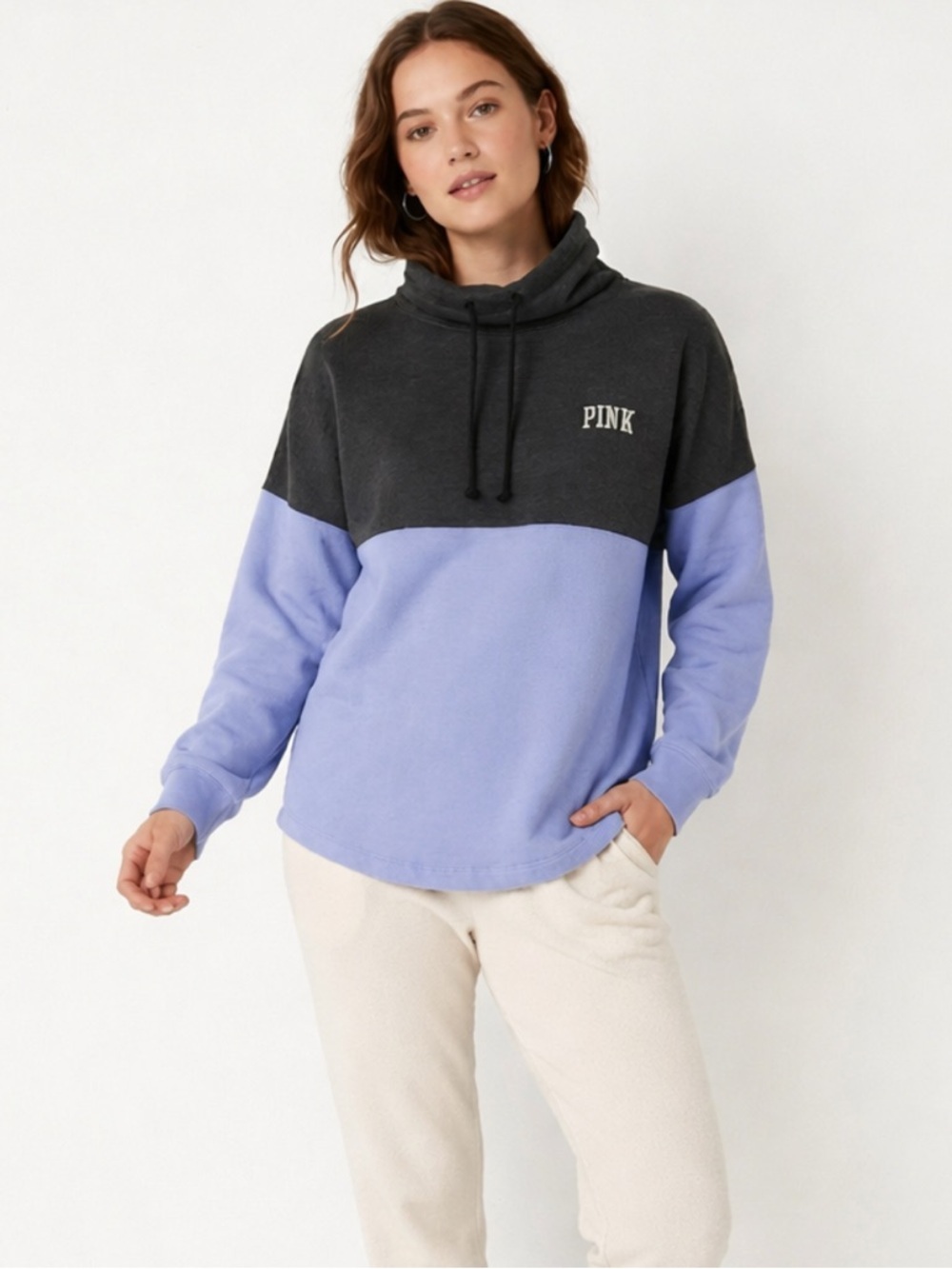 Y2K PINK Varsity Cowl Neck Pullover Loungewear Sporty Blue Cozy XS Oversized